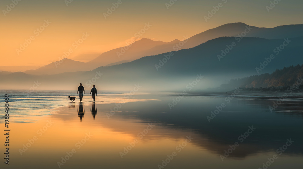 Fototapeta premium family walking dog on beach at sunset