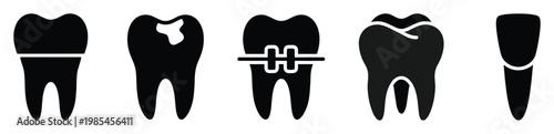 Comprehensive set of dental icons illustrating various tooth conditions including healthy, decayed, fractured, and braced options for educational and professional dentistry resources