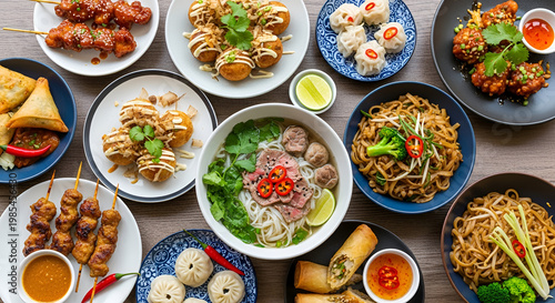 Variety of Asian dishes on table.