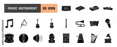 20 Music Instrument Glyph Icon Illustration Set