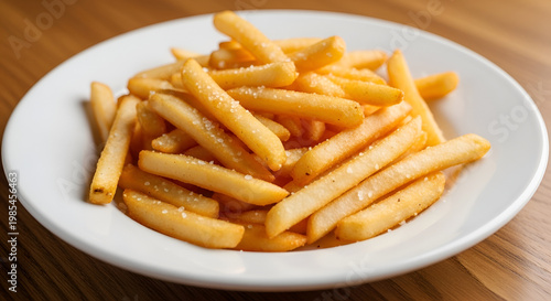 Delicious golden french fries on plate.