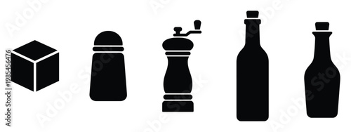 Graphic set of kitchen and table essentials including salt shaker, pepper mill, and various bottles, perfect for menu design, cooking application interfaces, and foodrelated visual content