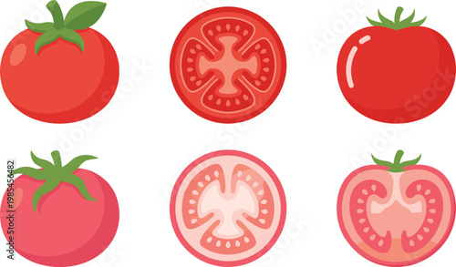 Fresh Red Tomatoes Whole and Sliced Vector Illustration for Food, Cooking, and Healthy Eating Designs