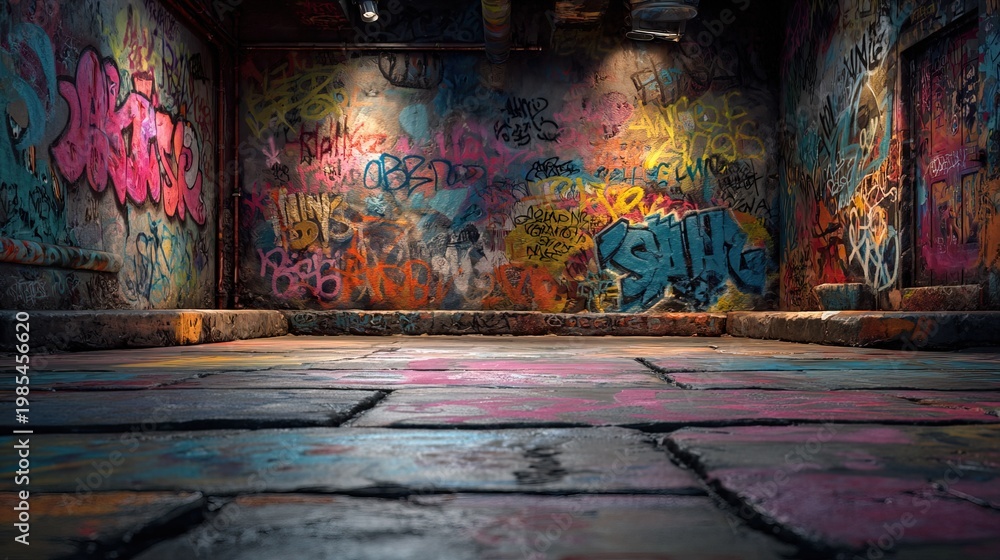Fototapeta premium Grunge Interior Room with Graffiti Wall and Concrete Floor Architecture