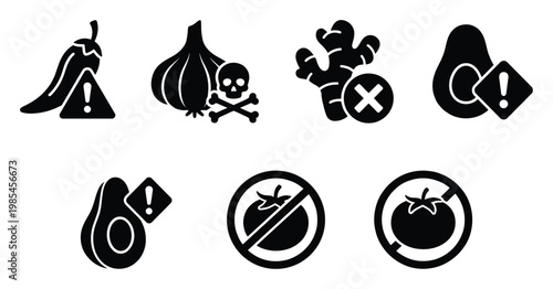 Food allergen and dietary restriction icons featuring chili garlic ginger avocado and tomato for product labeling or healthy eating guides