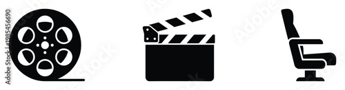 Professional movie cinema icons set featuring a film reel clapperboard and comfortable theater chair for film industry concept and entertainment related design projects