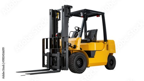 Yellow industrial forklift with forks and black tires