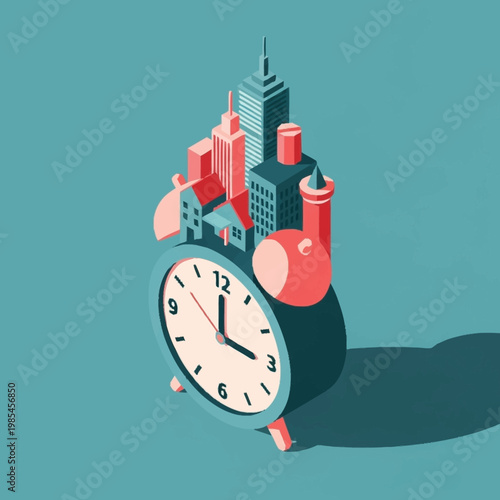 Cityscape on an alarm clock face.