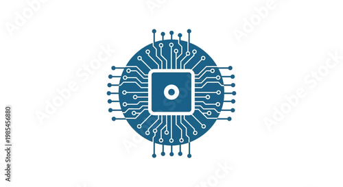 Blue circuit board icon with microchip.