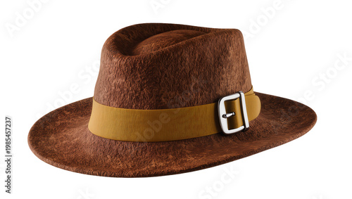 Photos Brown felt fedora hat with gold buckle and ribbon detail