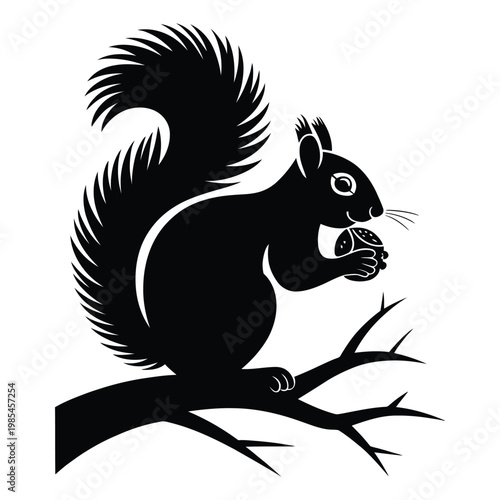 Squirrel Sitting and Holding a Nut Vector, Silhouette, Illustration