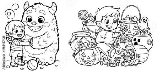 Kids Halloween Coloring Page Set Cute Monster Hugging Child And Trick Or Treat Candy Buckets Black And White Outline Illustration