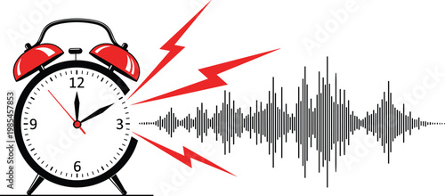 Vector illustration of a classic ringing alarm clock with red bells and loud sound wave frequency signal for morning wake up and time management