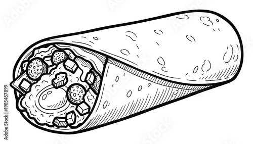 Detailed line drawing of a delicious breakfast burrito filled with scrambled eggs, sausage, and cheese, perfect for food blogs, restaurant menus, or recipe books