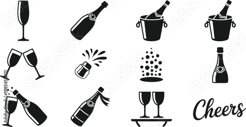 Champagne and Wine Icon Set – Black and White Celebration Vector Collection