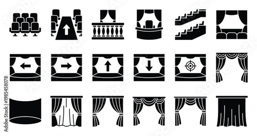 Collection of black glyph icons representing theater and cinema stage elements, audience seating arrangements, and various curtain movements, suitable for graphic design and entertainment