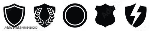 Versatile collection of black shield and badge icons suitable for representing security, protection, achievement, law enforcement, or digital safety in various graphic and digital projects