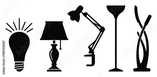 Set of various lighting fixtures, including a classic light bulb, elegant table lamp, functional desk lamp, and stylish floor lamps for home interior decoration.