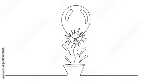 Minimalist single line drawing depicting a balloon popping with liquid splashing from a container below symbolizing surprise and reaction suitable for business presentations or educational