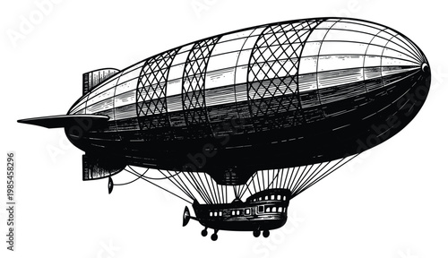 A classic hand drawn vintage blimp soaring through the sky, representing historical air travel and old world exploration, ideal for publishing, educational materials, and transportation