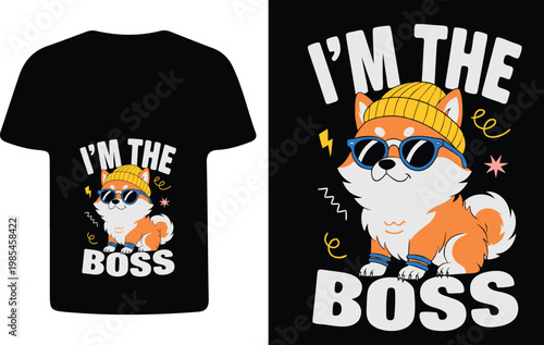 Shiba inu dog wearing sunglasses and hat on a black t shirt