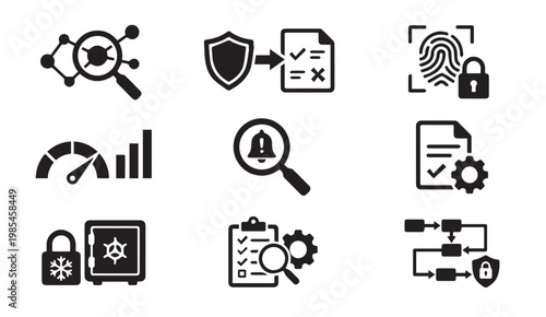 Icons for security analysis workflow management with security, analysis