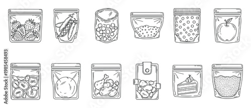 Outline set of reusable food storage pouches containing fresh strawberries, green peas, blueberries, sauces, an apple, sliced potatoes, chicken drumsticks, cake slices, and granular food