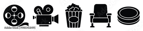 Collection of iconic cinema and movie production symbols including film reel vintage camera popcorn bucket seat and clapperboard for entertainment industry graphics