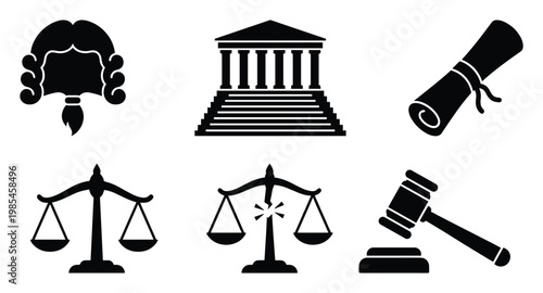Collection of essential legal symbols representing justice, law, judgment, and the court system suitable for legal firm branding, educational materials, or judicial system presentations.