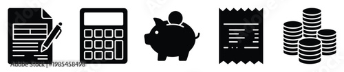 Financial management icons set for business planning and budgeting applications, perfect for illustrating money saving strategies and expense tracking concepts.