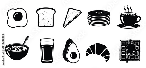 Diverse breakfast food and beverage icons providing visual elements for morning meal promotions recipe guides and restaurant branding materials