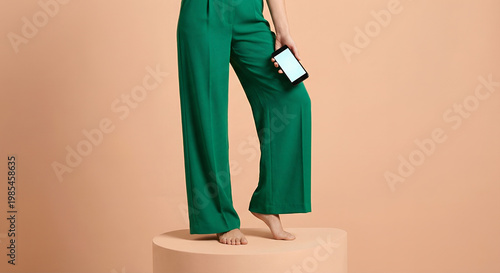 A person wearing green palazzo pants stands on a peach-colored pedestal, holding a smartphone in their right hand.