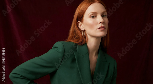 A woman with red hair and a green blazer poses against a dark red background.