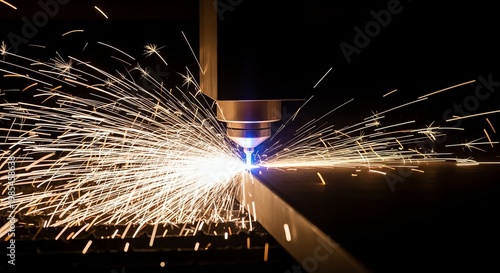Industrial Metal Cutting Process with Sparks and Bright Light.