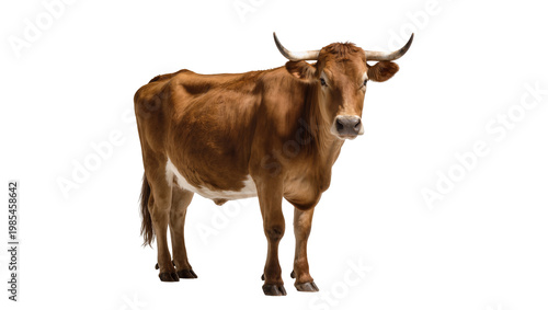 Slika na platnu Brown horned cow standing facing forward with udder visible