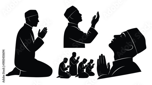 Silhouette figures of men in traditional headwear engaged in solemn prayer and spiritual worship, ideal for religious education and cultural content