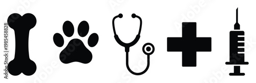 Essential veterinary care symbols featuring a bone, paw print, stethoscope, medical cross, and syringe, ideal for animal health clinics, pet wellness advertising, and educational resources.