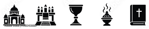 Religious symbols collection featuring church building an altar with candles a holy chalice an incense censer and a sacred bible for spiritual concepts and faith related projects