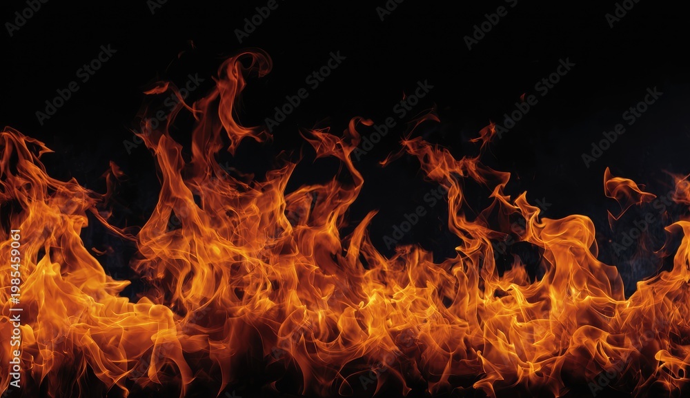 Obraz premium Intense flames dance against a stark black backdrop, creating a fiery, dynamic scene