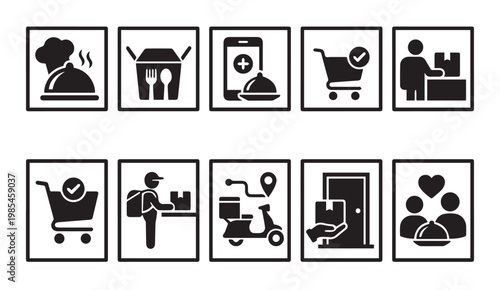 Food delivery service icons collection with food box shopping cart delivery