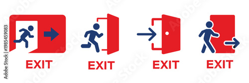 Fire exit emergency sign collection. Running man and exit door. Help evacuation. Exit signs icon in different style. Vector illustration