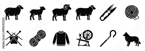 Black silhouettes illustrating the sheep to wool production process, featuring diverse sheep, shearing, spinning, knitting, and finished wool products, perfect for educational resources or