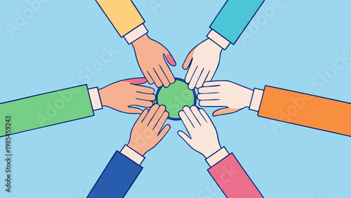 Team work or collaboration or partnership concept illustration with the hands are put together parts of abstract round shape. Vector illustration