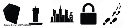 Universal black silhouette icons featuring a geometric polygon, burning candle, urban skyline, security padlock, and human footprints, ideal for diverse graphic design applications and