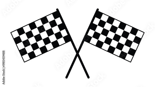 Crossed checkered racing flags in flat icon style, black and white grid pattern, motorsport finish symbol, isolated graphic for formula one race events