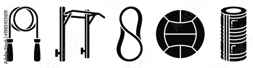 Comprehensive collection of essential fitness equipment for home workouts and gym training, perfect for health and wellness applications and active lifestyle promotions