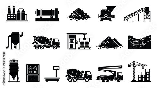 Industrial infrastructure icons depicting cement plant processes, concrete mixing operations, quarrying machinery, and construction site equipment for manufacturing and building themes
