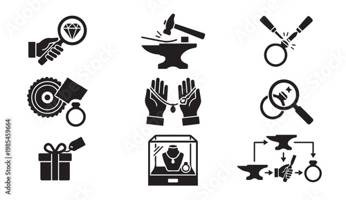 Jewelry making and crafting icons set with crafting gemstone magnifying