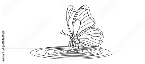Elegant continuous line drawing of a delicate butterfly gently touching the water surface, creating concentric ripples, perfect for serene environmental themes and minimalist graphic