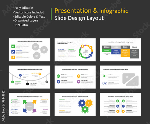 Diverse presentation slides with timelines, pricing, recruitment, and circular diagrams for business concepts